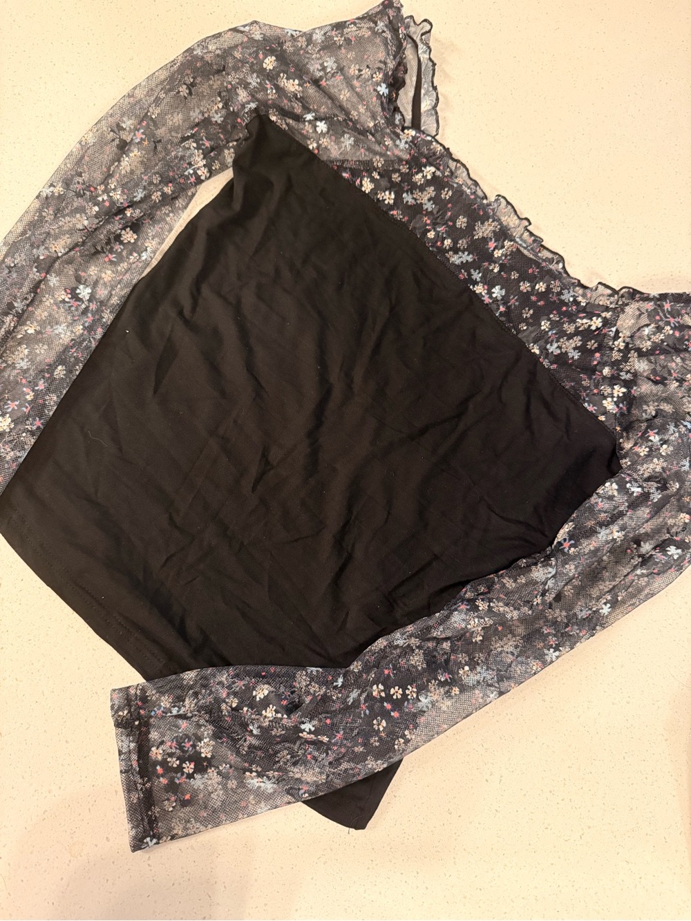 Black Top with Floral Sheer Sleeves - Women's Blouse - Picture 2 of 2